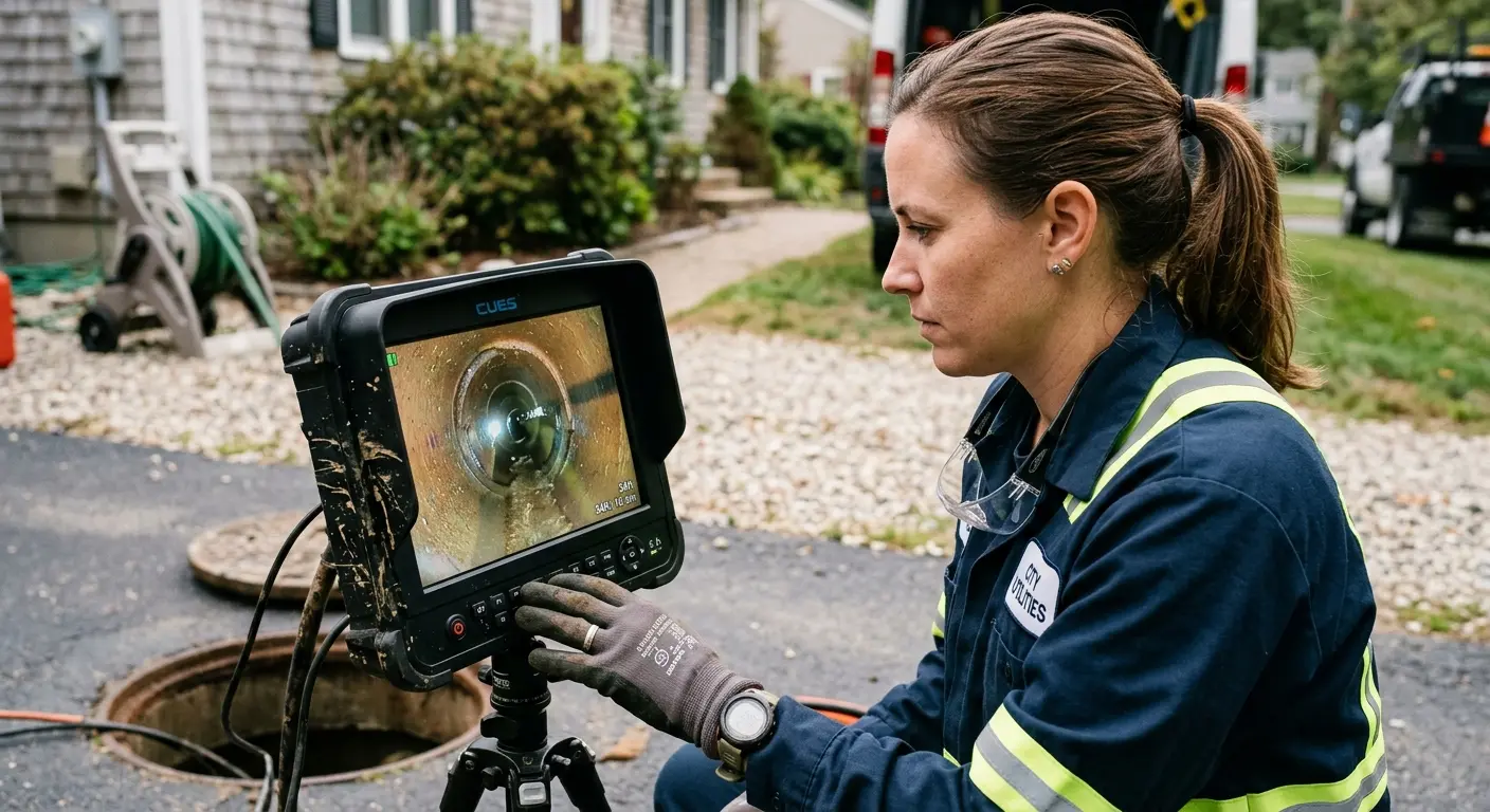 Technician reviewing sewer camera inspection footage in Perry Hall