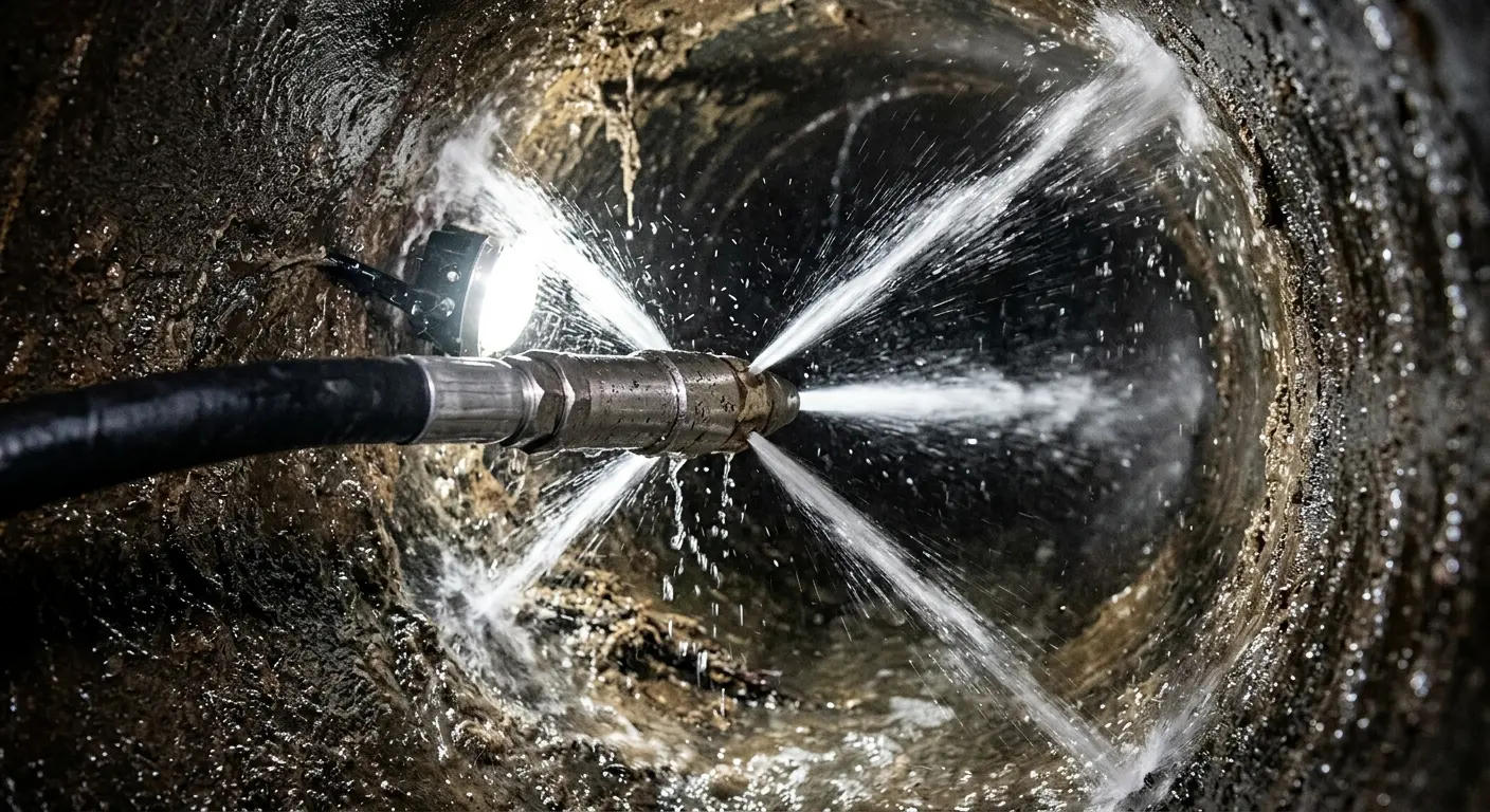 High-pressure hydro jetting nozzle cleaning sewer pipe for Trenchless Sewer Repair in Perry Hall