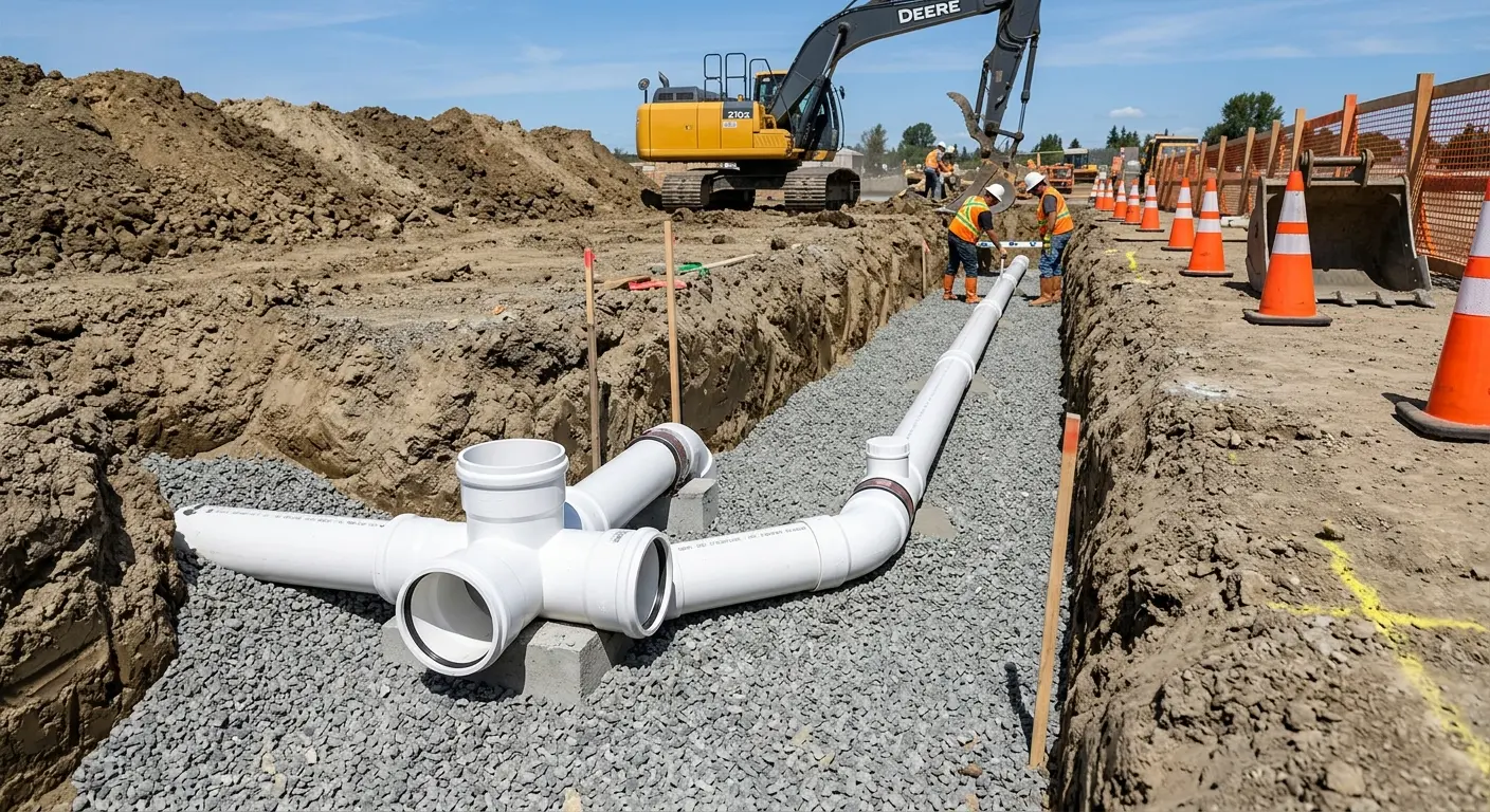 New PVC sewer pipe installation in open trench for Sewer Backup in Perry Hall