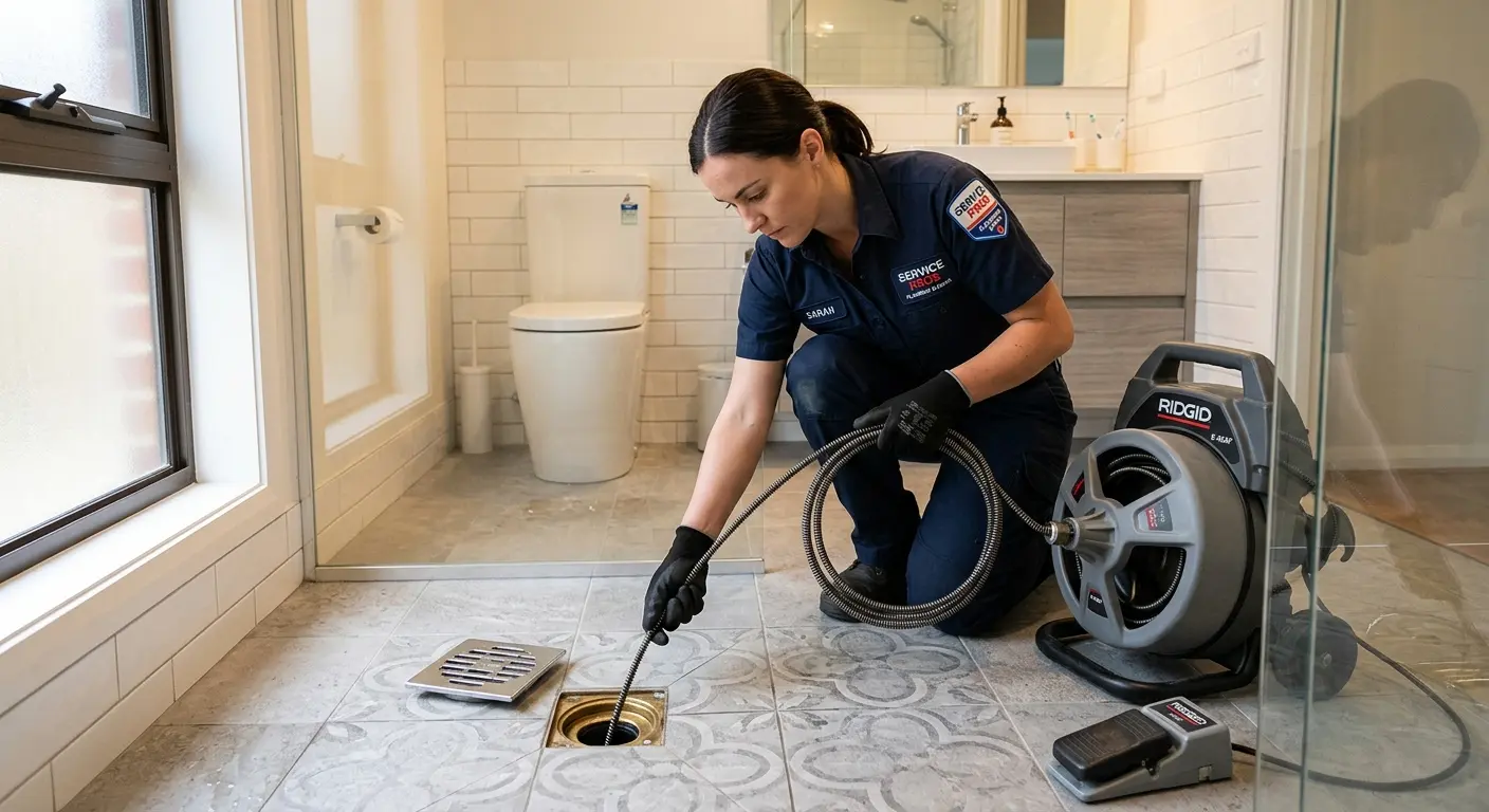Technician clearing a bathroom floor drain for Drain Cleaning in Perry Hall